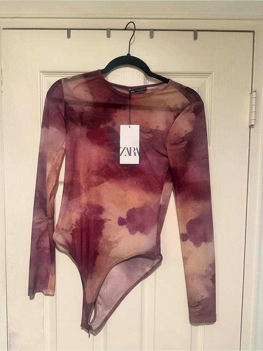 Zara Sheer Tie-Dye Mesh Bodysuit in Plum and Tan